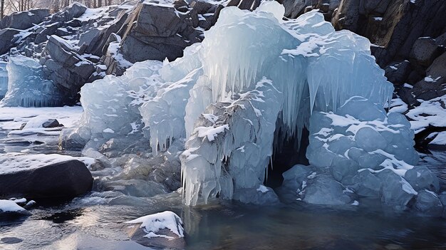 Eisformationen am Ufer des Rocky-Sees Komplizierte Eiswürfel hängen wie Juwelen vom Überhang