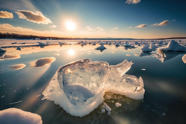 Eisfragmente in einem zugefrorenen See unter sonnigem Himmel im Winter