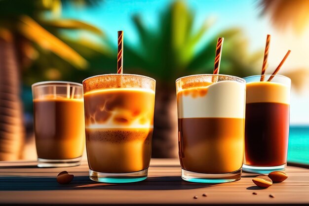 Foto eisgekühlter kaffee latte cappuccino sommer erfrischende getränke auf holztisch mit verschwommener tropischer palme