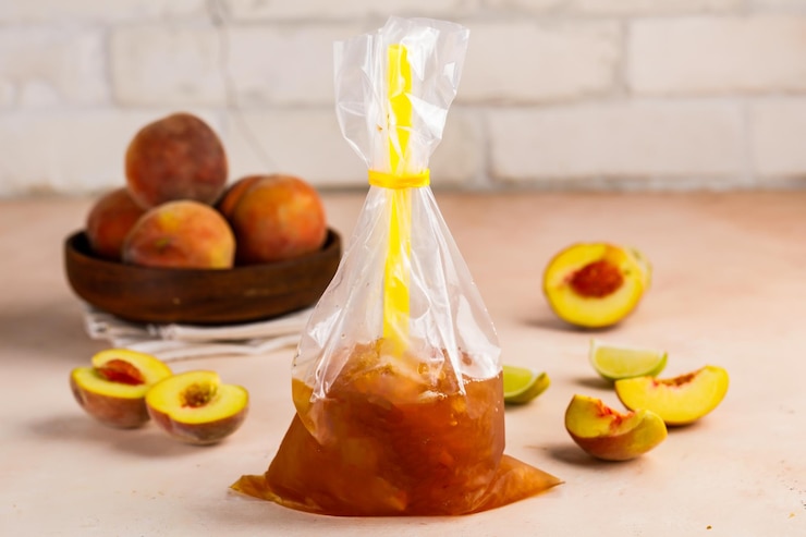Foto eisgekühlter pfirsich-bubble-tee mit strohhalm und rohem obst, serviert in einer einwegverpackung, isoliert auf dem tisch, blick auf ein gesundes morgengetränk