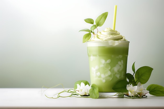 Eisgrüner Tee mit Milch in einem Glas