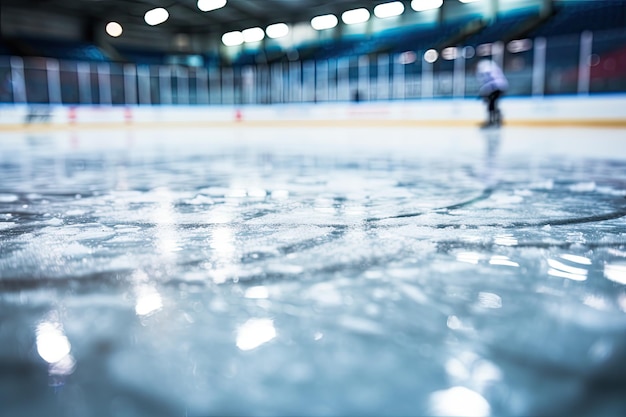 Eishockeyfeld mit verschwommenen Menschen darauf, geringe Schärfentiefe Nahaufnahme des Eises im Hockeyfeld, KI-generiert