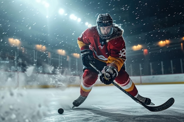 Eishockeyspieler in Aktion auf der Eisbahn Das Konzept der Sport-Hobby-Unterhaltung