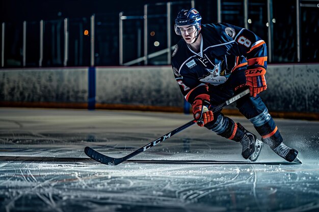 Eishockeyspieler in Aktion auf der Eisbahn Dynamisches Sportporträt mit Bewegungsverschwörung für das Design
