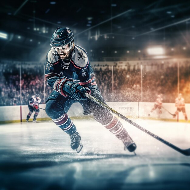 Eishockeyspieler mit einem Stock in der Hand und eine Menge hinter ihm im Hintergrund.