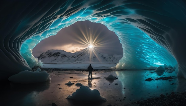 Eishöhle in Island mit einem Mann davor Generative KI