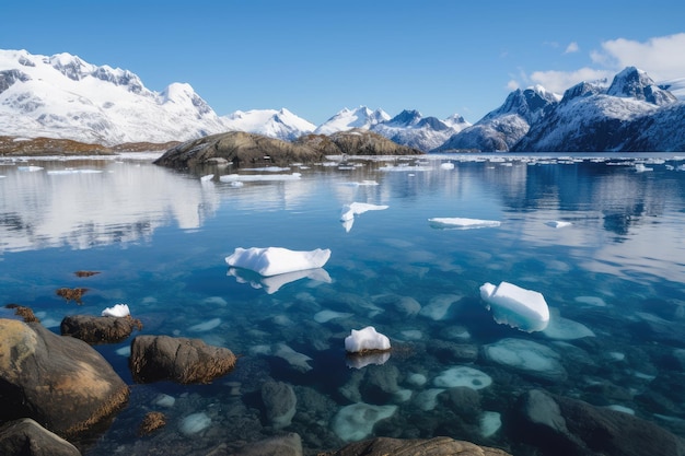 Eisiger Fjord mit kristallklarem Wasser und schneebedeckten Gipfeln im Hintergrund