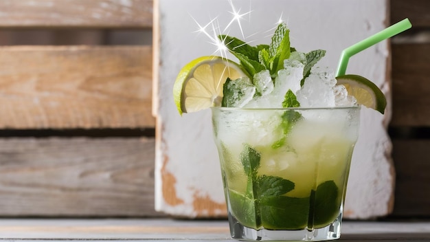 Eisiger Mojito-Cocktail mit Limetten in einem Glasbecher auf Holz- und Gips-Hintergrund-Seiteansicht