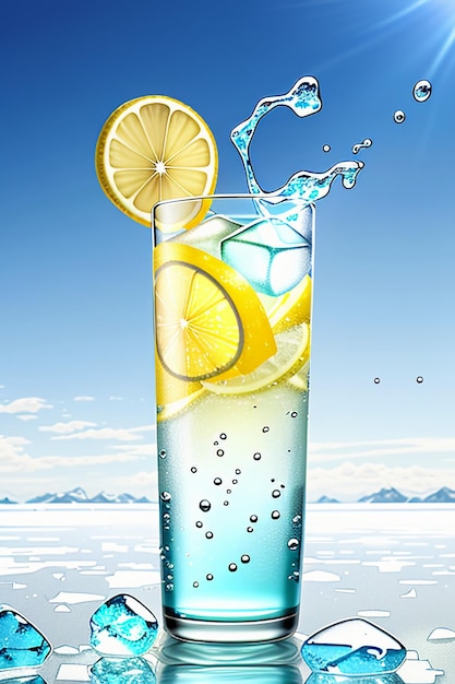 Eisiges Zitronensaftgetränk in einer Glasschale, Werbung für Wassertropfen, Spritzer, Spezialeffekt-Design-Tapete