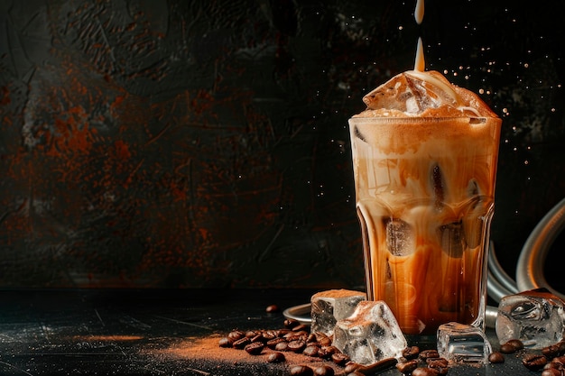 Eiskaffee in einem hohen Glas mit Sahne, die über Eiswürfel und Bohnen auf einem dunklen Betontisch gegossen wird