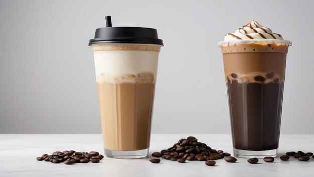 Eiskaffee in Plastikbechern auf weißem Hintergrund mit Palmblattschatten