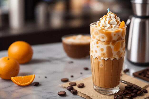 Foto eiskaffee-latte mit orangenmischung in nahaufnahme