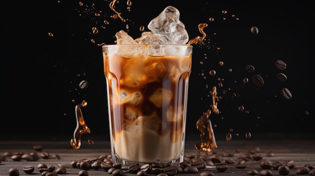 Eiskaffee spritzt aus einem Glas mit Eiskugeln auf einem Holztisch