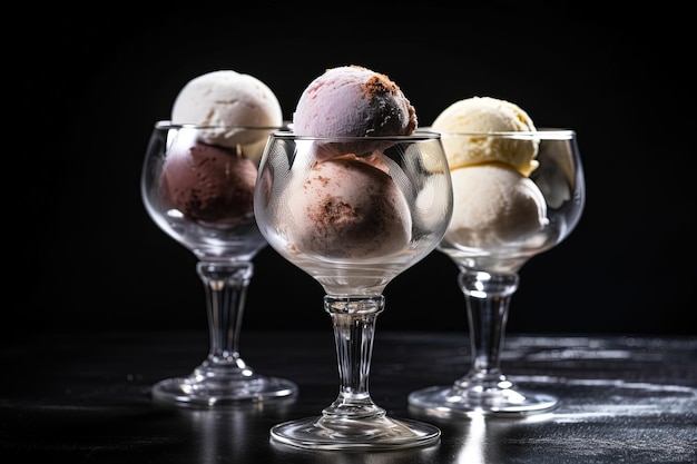 Eiskugeln in Gläsern auf schwarzem Hintergrund. Restaurantmenü-Präsentation von Speisen. Generative KI