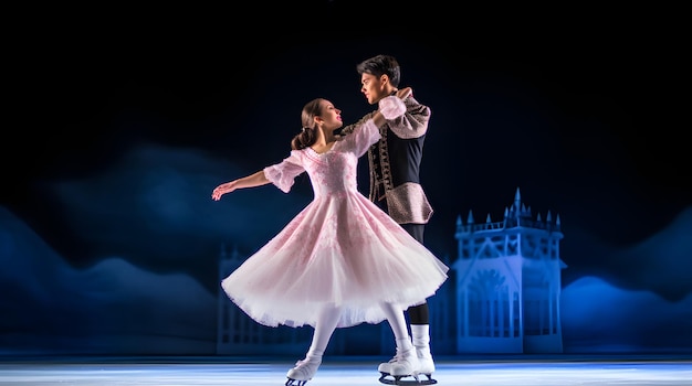 Foto eiskunstläufer, die ein lift in einer pair-skating-routine durchführen