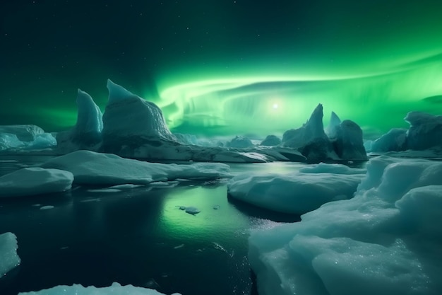 Eisland mit Eisbergen und grüner Aurora Borealis am Himmel, generative KI