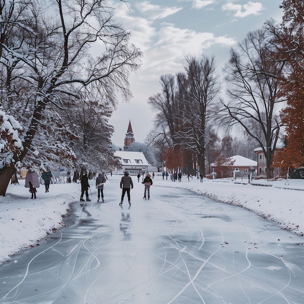 Eislaufen im Winter auf dem schneebedeckten Teich