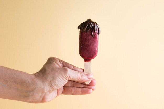 Eisstangen von Früchten mit Schokolade