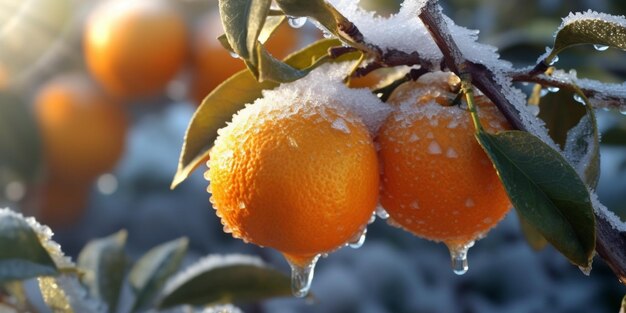 Eissturmbäume und Apfelfrüchte frieren im Winter ein. KI-generiert