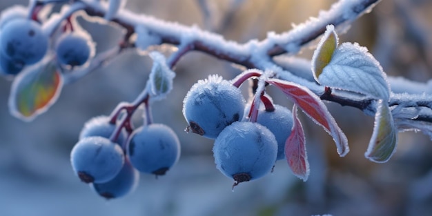Eissturmbäume und Beerenfrüchte gefrieren im Winter. KI-generiert