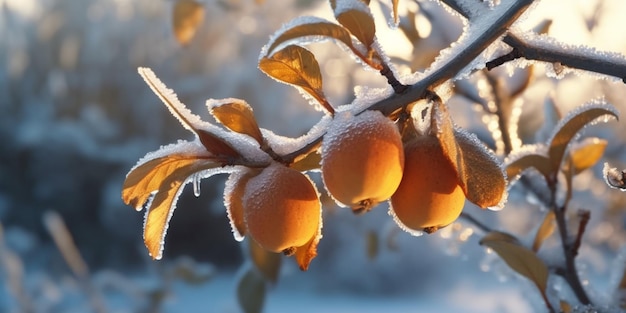 Eissturmbäume und Birnenfrüchte gefrieren im Winter. KI-generiert
