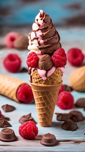 Eistüten mit Himbeeren und Schokolade