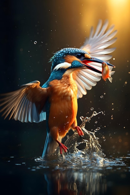Eisvogelvogel fängt Fische auf dem Wasser, filmische Fotografie