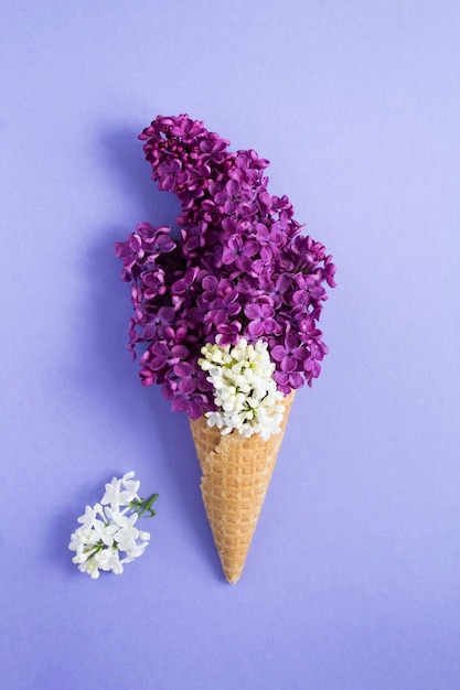 Eiswaffel mit weißem und violettem Flieder auf violettem Hintergrund Lage vertikal