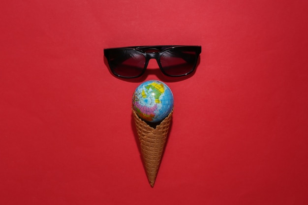 Eiswaffelkegel mit Globus, Sonnenbrille auf rotem hellem Hintergrund.