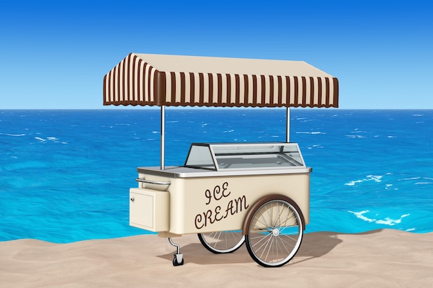 Eiswagen auf dem Sand Sunny Beach extreme Nahaufnahme. 3D-Rendering