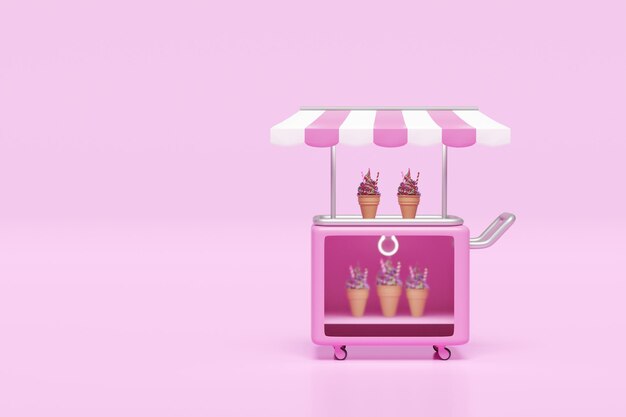 Eiswarenladen mit Eiscremewärmen oder Kühlschrank, isoliert auf rosa Hintergrund 3D-Rendering-Illustration