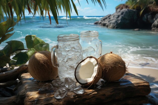 Foto eiswasser in einem glas und kokosnüsse auf dem hintergrund des strandes