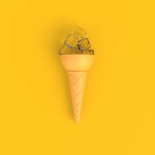 Eiswürfel im abstrakten minimalen gelben Hintergrund der Eistüte, Lebensmittelkonzept, Wiedergabe 3d