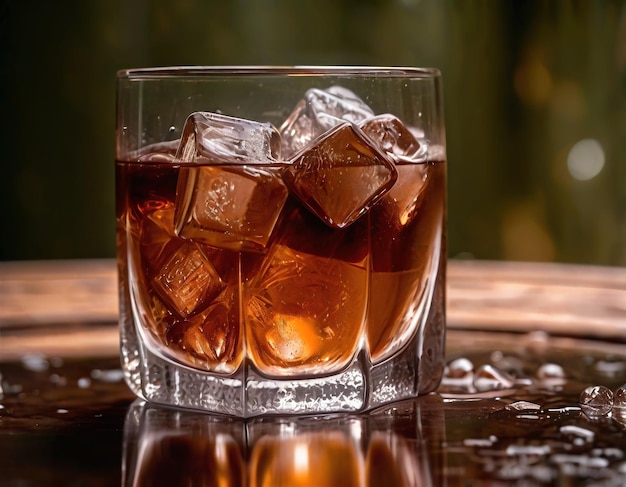 Foto eiswürfel in ein glas mit einem braunen alkoholischen getränk