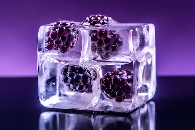 Eiswürfel mit Brombeeren darauf auf violettem Hintergrund