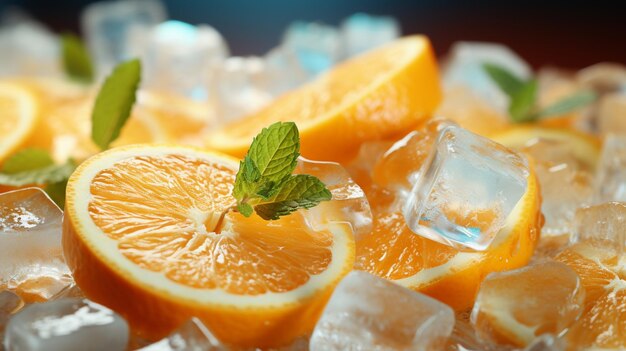 Eiswürfel mit Orange auf hellem Hintergrund