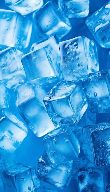 Eiswürfel sind vor blauem Hintergrund gestapelt