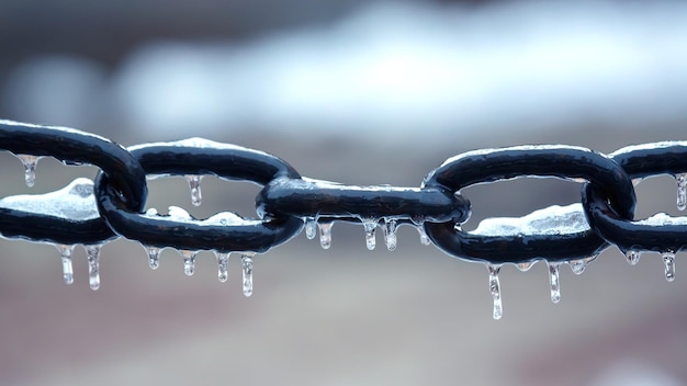 Eiszapfen auf einer gefrorenen Metallkette Winterwetter Saison Straße Innendetails