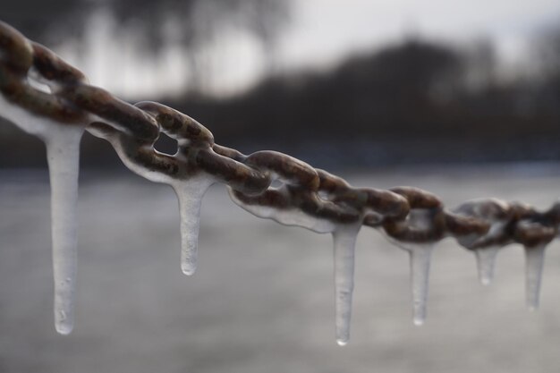 Eiszapfen, die an einem Kettenfrost-Winterkonzept hängen