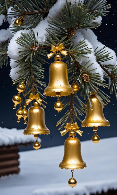 Eiszapfen hängen an Kiefernzweigen, geschmückt mit goldenen Glocken im Mondlicht