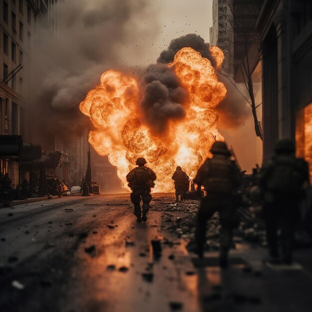 Ejecución de guerra y soldado del ejército con explosión y fuego de bomba militar generado por ai en el apocalipsis de la ciudad