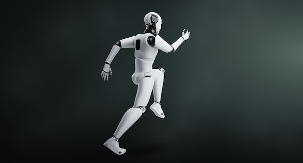 Ejecutando robot humanoide que muestra un movimiento rápido y energía vital en concepto de desarrollo de innovación futura hacia el cerebro de IA