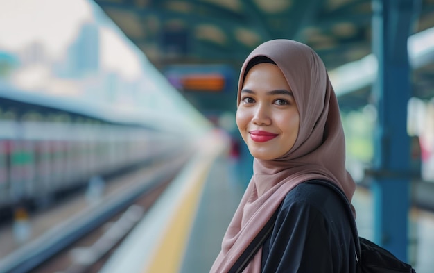 ejecutiva sonriente mujer malaia esperando el tren en la estación de trenes reglas de