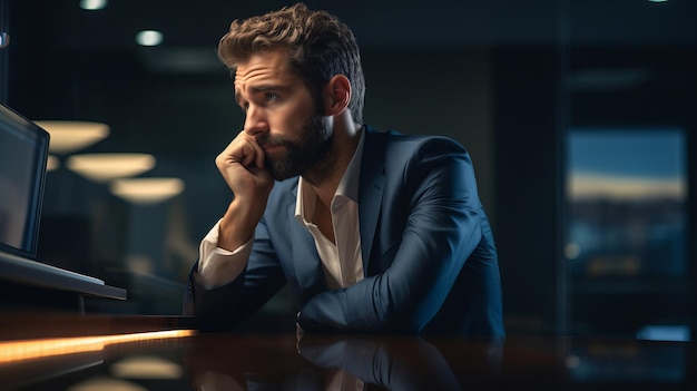 Un ejecutivo masculino con ropa formal está solo en el interior con una mirada pensativa