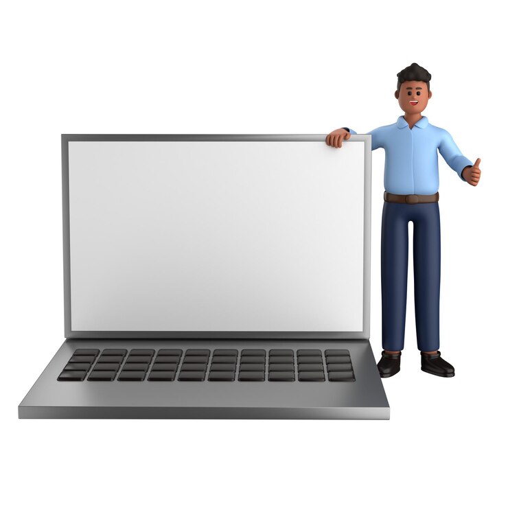 Foto ejecutivo de negocios negro en 3d posa con traje de pie con pantalla en blanco tablet portátil aislado
