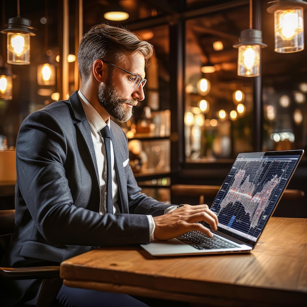 Ejecutivo de negocios sentado en una mesa en una cafetería trabajando en su computadora portátil y conectado a Internet