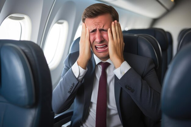 Ejecutivo temeroso en el avión