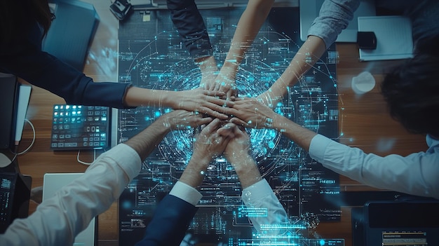 Ejecutivos apilando las manos en un escritorio con elementos tecnológicos conectados alrededor
