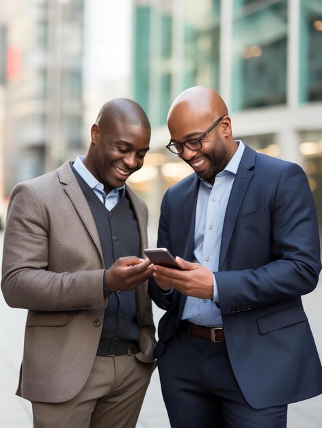 Foto ejecutivos de negocios multiétnicos mirando el teléfono en la plaza de la ciudad