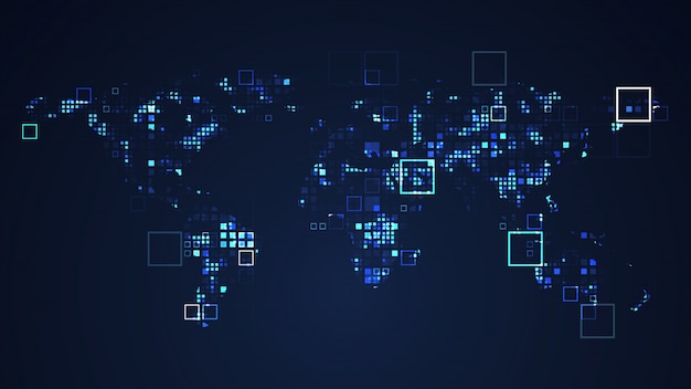 Foto ejemplo del gráfico de la tecnología de digitaces de la red del mapa del mundo. color azul. concepto futurista de internet.